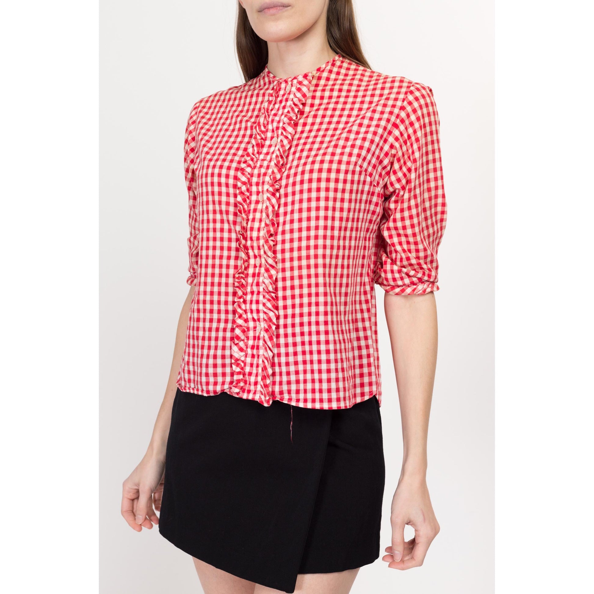 XS 1950s Red & White Gingham Ruffle Blouse | Vintage 50s Button Up Half Sleeve Retro Rockabilly Top