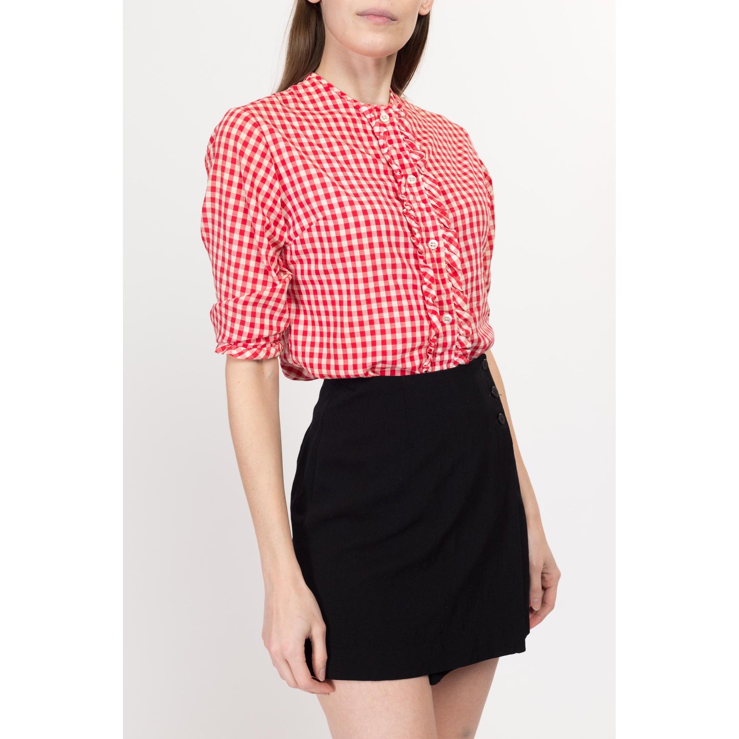 XS 1950s Red & White Gingham Ruffle Blouse | Vintage 50s Button Up Half Sleeve Retro Rockabilly Top