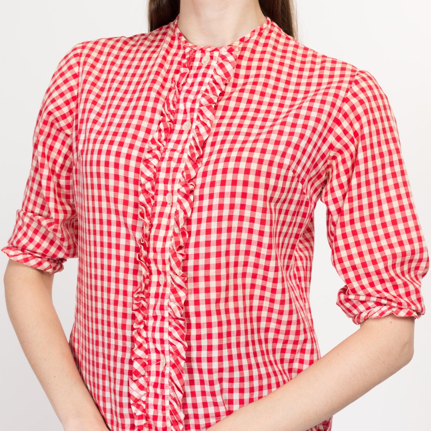 XS 1950s Red & White Gingham Ruffle Blouse | Vintage 50s Button Up Half Sleeve Retro Rockabilly Top