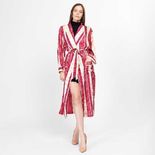 Sm-Lrg 80s Victoria's Red & White Floral Satin Robe | Vintage Boho Loungewear Midi Kimono