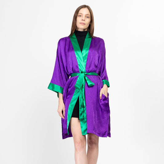 One Size 90s Victoria's Secret Purple & Green Satin Robe | Vintage Boho Belted Loungewear Mini Kimono