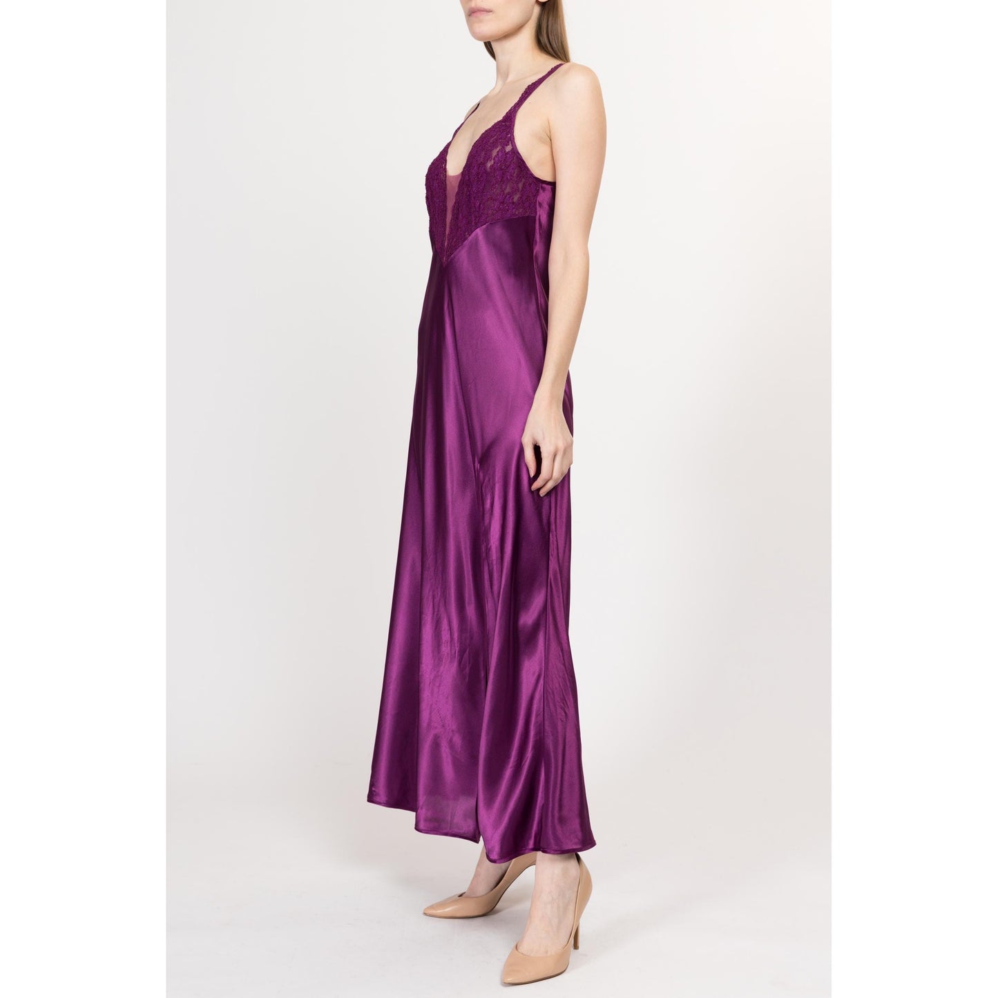 Medium 90s Victoria's Secret Purple Satin Nightgown | Vintage Skirt Slit Sheer Lace Trim Negligee Nightie Maxi Slip Dress