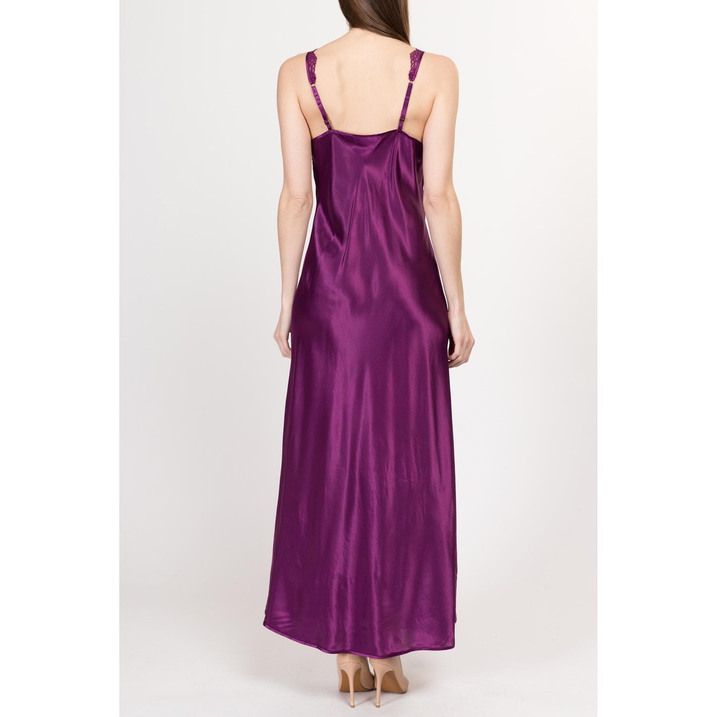 Medium 90s Victoria's Secret Purple Satin Nightgown | Vintage Skirt Slit Sheer Lace Trim Negligee Nightie Maxi Slip Dress