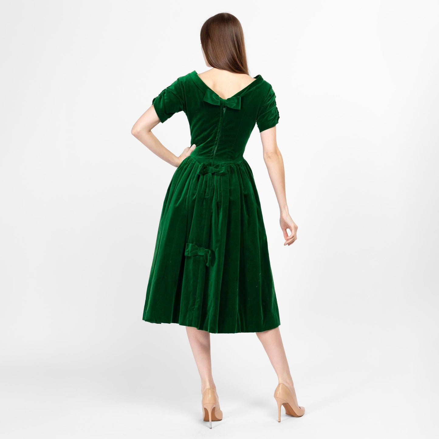 XS 1950s Emerald Green Velvet Bow Fit & Flare Party Dress | Vintage 50 Short Sleeve Low Back Midi Holiday Dress