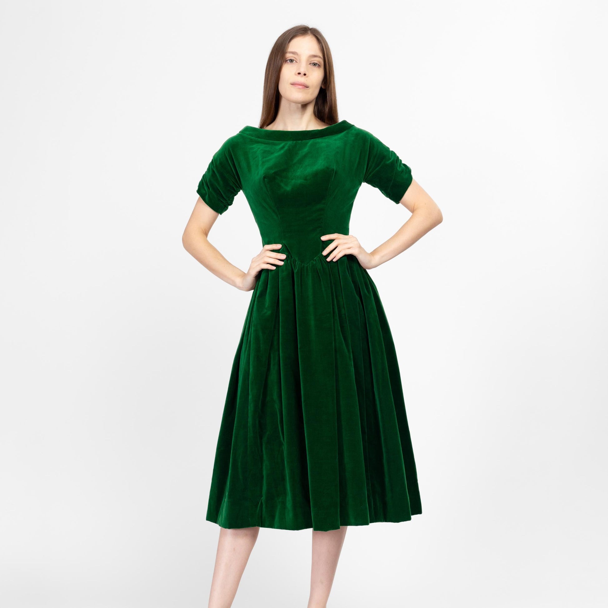 XS 1950s Emerald Green Velvet Bow Fit & Flare Party Dress | Vintage 50 Short Sleeve Low Back Midi Holiday Dress