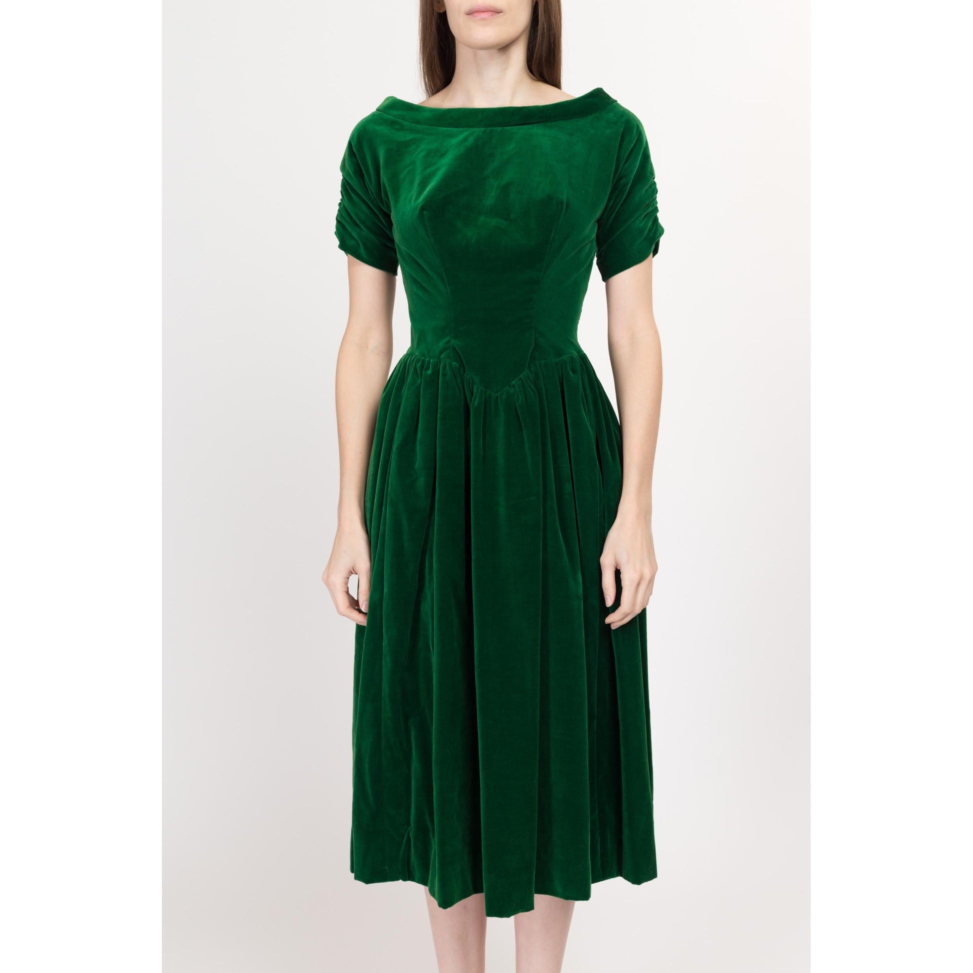 XS 1950s Emerald Green Velvet Bow Fit & Flare Party Dress | Vintage 50 Short Sleeve Low Back Midi Holiday Dress