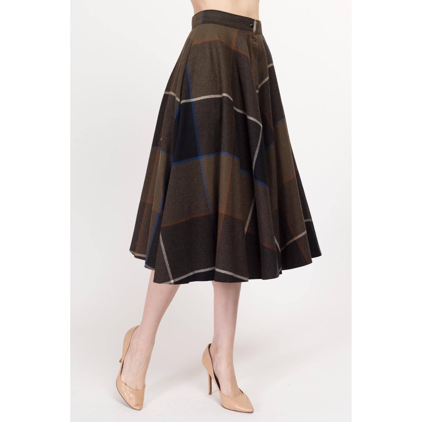 XS 80s Dark Plaid Midi Circle Skirt 24.5" | Vintage Wool Blend High Waisted Schoolgirl Academia Swing Skirt