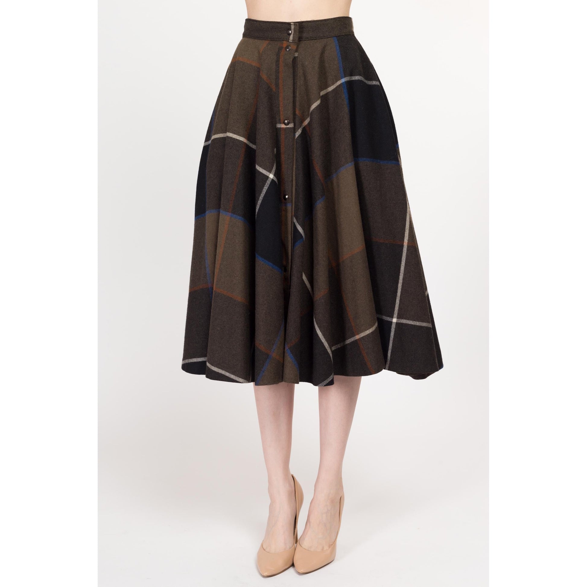 XS 80s Dark Plaid Midi Circle Skirt 24.5" | Vintage Wool Blend High Waisted Schoolgirl Academia Swing Skirt