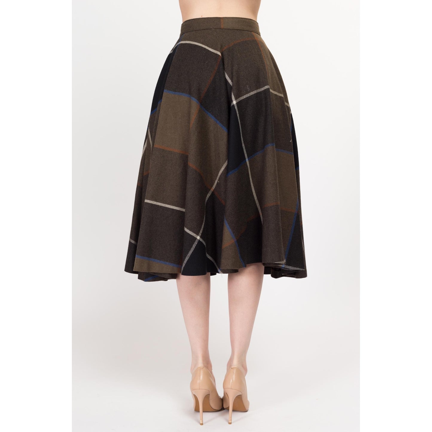 XS 80s Dark Plaid Midi Circle Skirt 24.5" | Vintage Wool Blend High Waisted Schoolgirl Academia Swing Skirt