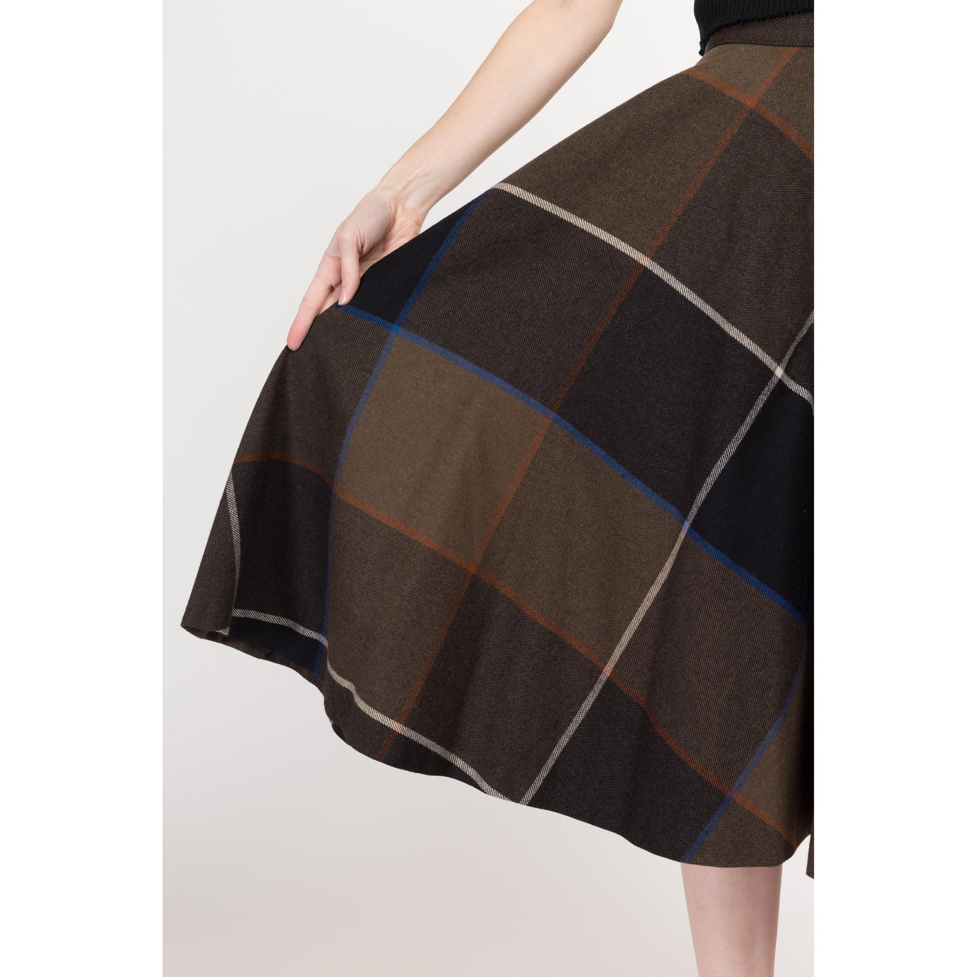 XS 80s Dark Plaid Midi Circle Skirt 24.5" | Vintage Wool Blend High Waisted Schoolgirl Academia Swing Skirt