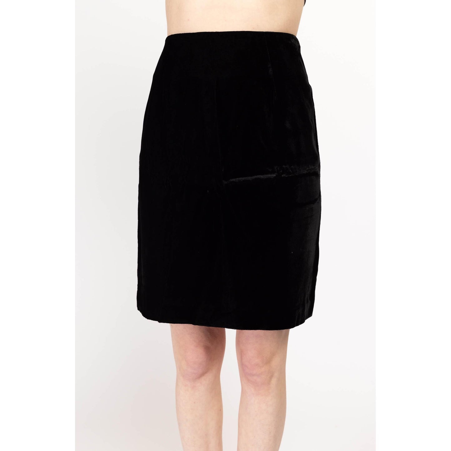 Medium 90s Black Velvet Mini Pencil Skirt 30" | Vintage Minimalist High Waisted Straight Miniskirt