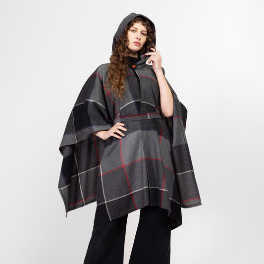 One Size 80s Grey Plaid Wool Hooded Poncho | Boho Vintage Fall Winter Long Cape