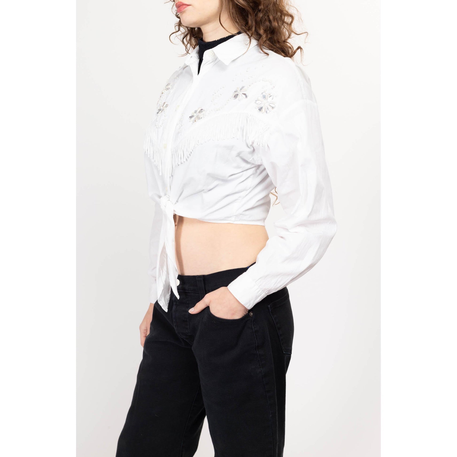 Medium 90s Western White Tie Front Crop Top | Vintage Beaded Fringe Long Sleeve Collared Shirt