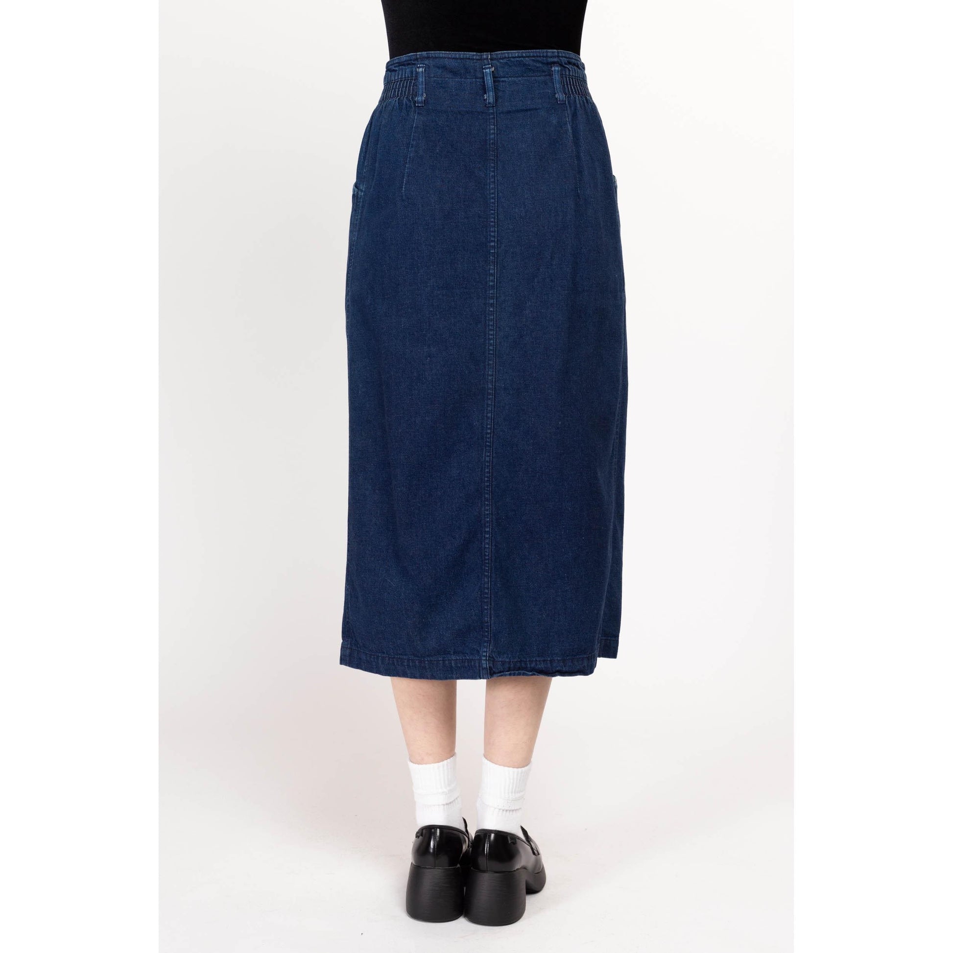 Medium 80s Calvin Klein Dark Wash Denim Midi Wrap Skirt 29"-30" | Vintage High Waisted Pocket Blue Jean Skirt