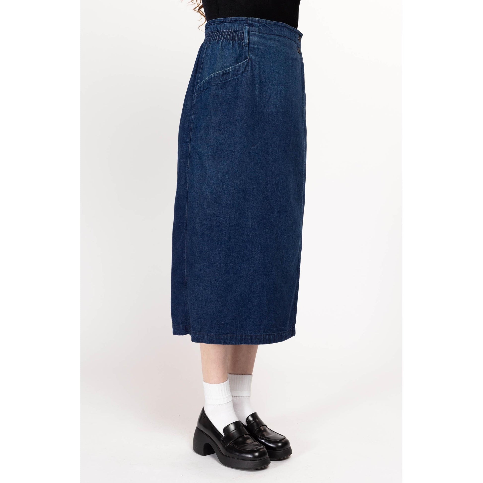 Medium 80s Calvin Klein Dark Wash Denim Midi Wrap Skirt 29"-30" | Vintage High Waisted Pocket Blue Jean Skirt