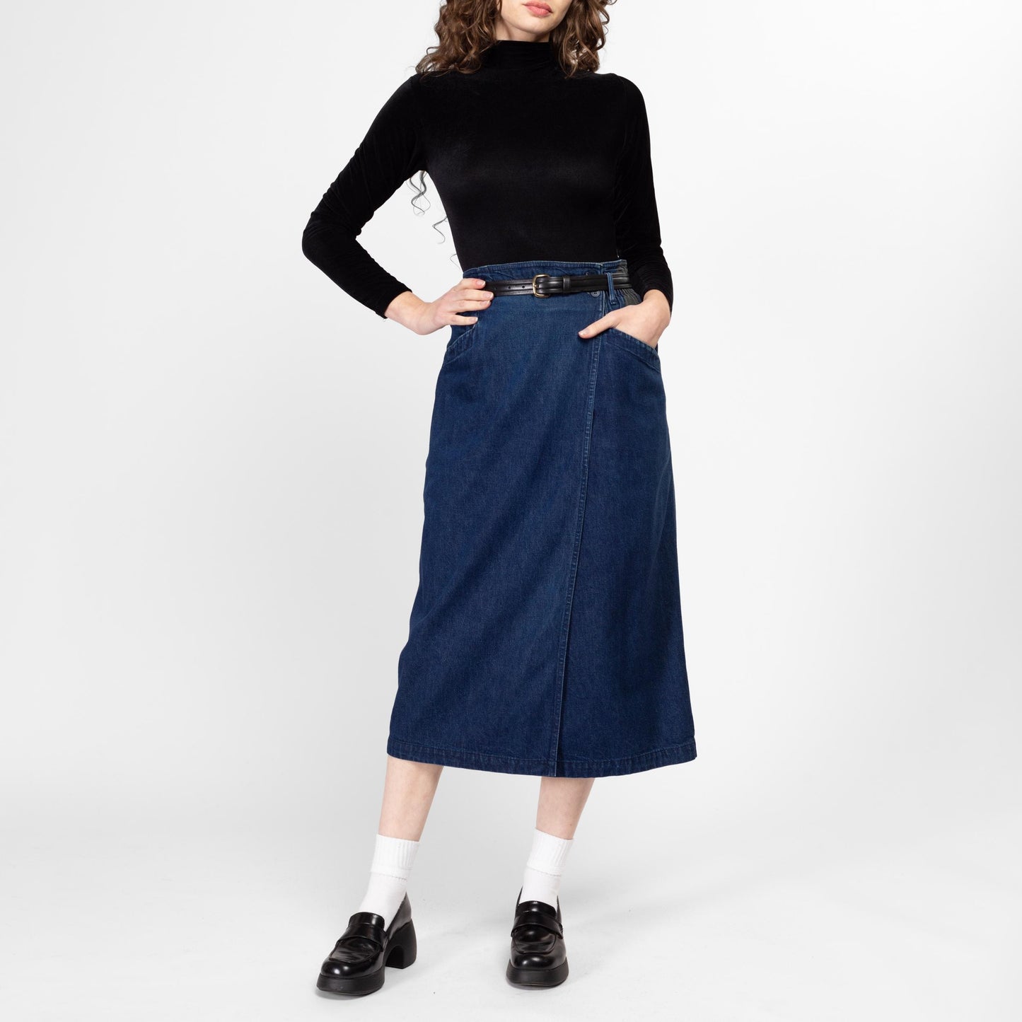 Medium 80s Calvin Klein Dark Wash Denim Midi Wrap Skirt 29"-30" | Vintage High Waisted Pocket Blue Jean Skirt