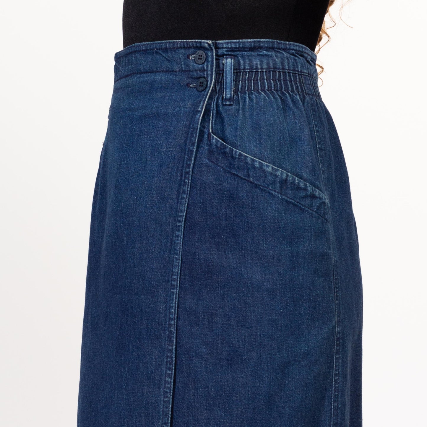 Medium 80s Calvin Klein Dark Wash Denim Midi Wrap Skirt 29"-30" | Vintage High Waisted Pocket Blue Jean Skirt