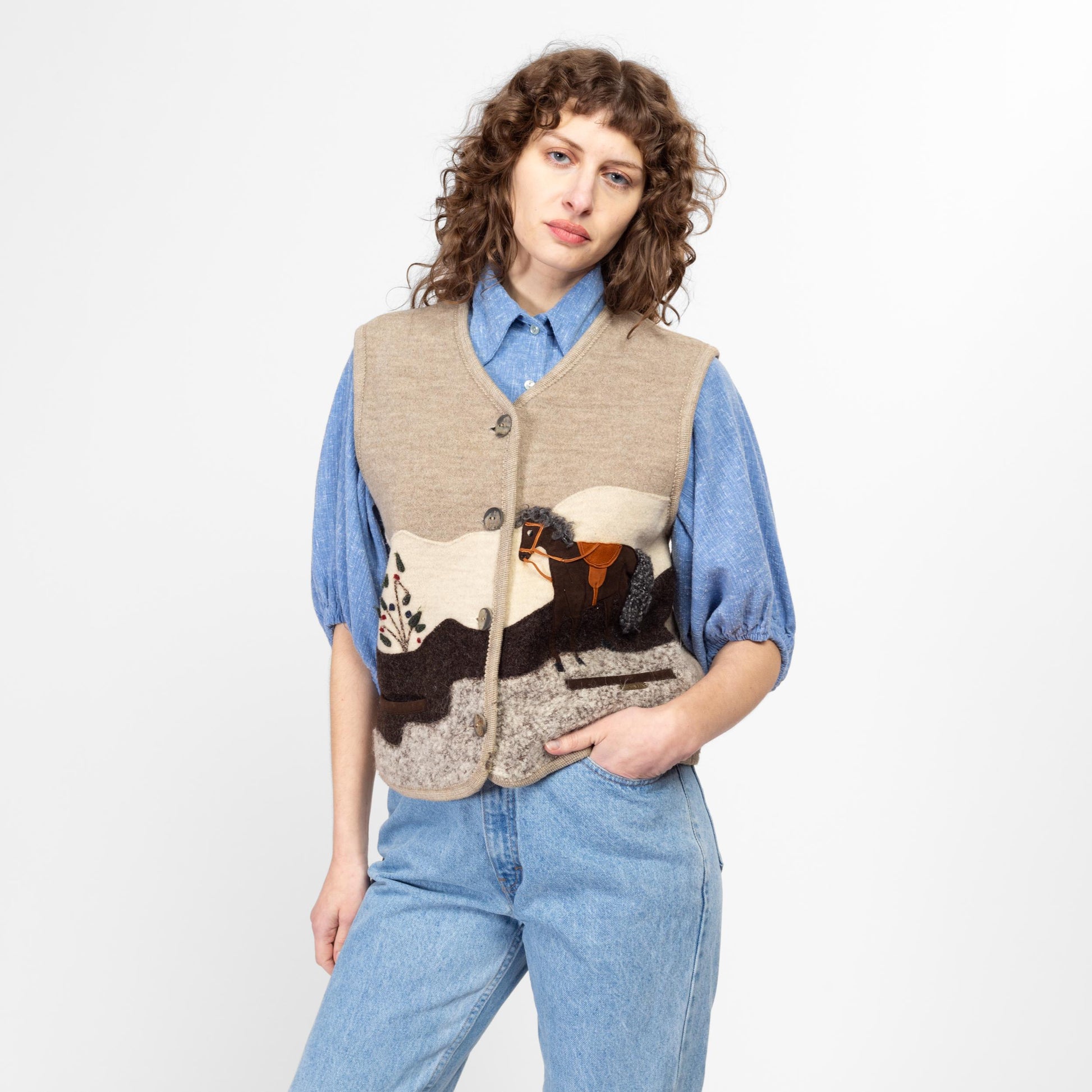 Medium 90s Giesswein Novelty Horse Patchwork Wool Sweater Vest | Vintage Austrian Trachten Sleeveless Top