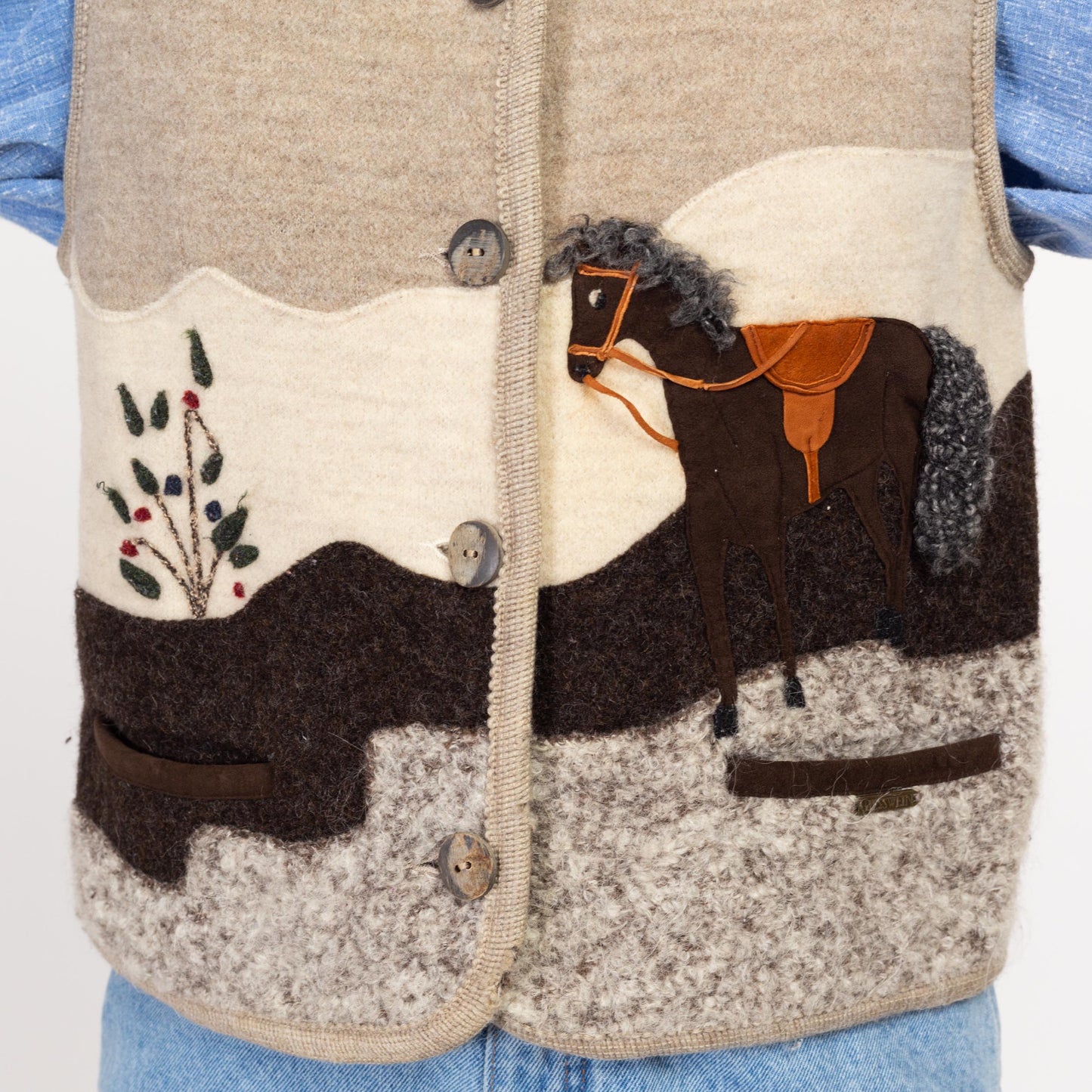 Medium 90s Giesswein Novelty Horse Patchwork Wool Sweater Vest | Vintage Austrian Trachten Sleeveless Top