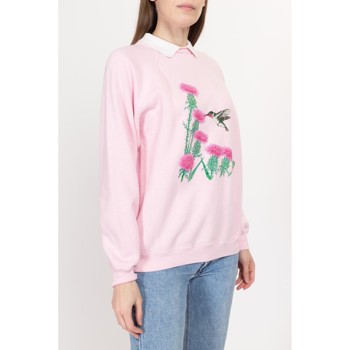 Large 90s Hummingbird & Thistle Flower Collared Sweatshirt | Vintage Cute Animal Graphic Pink Raglan Sleeve Grandma Pullover