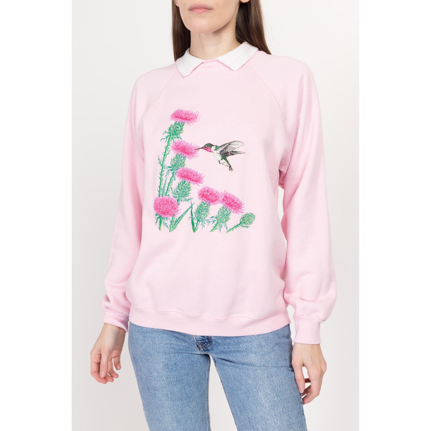 Large 90s Hummingbird & Thistle Flower Collared Sweatshirt | Vintage Cute Animal Graphic Pink Raglan Sleeve Grandma Pullover