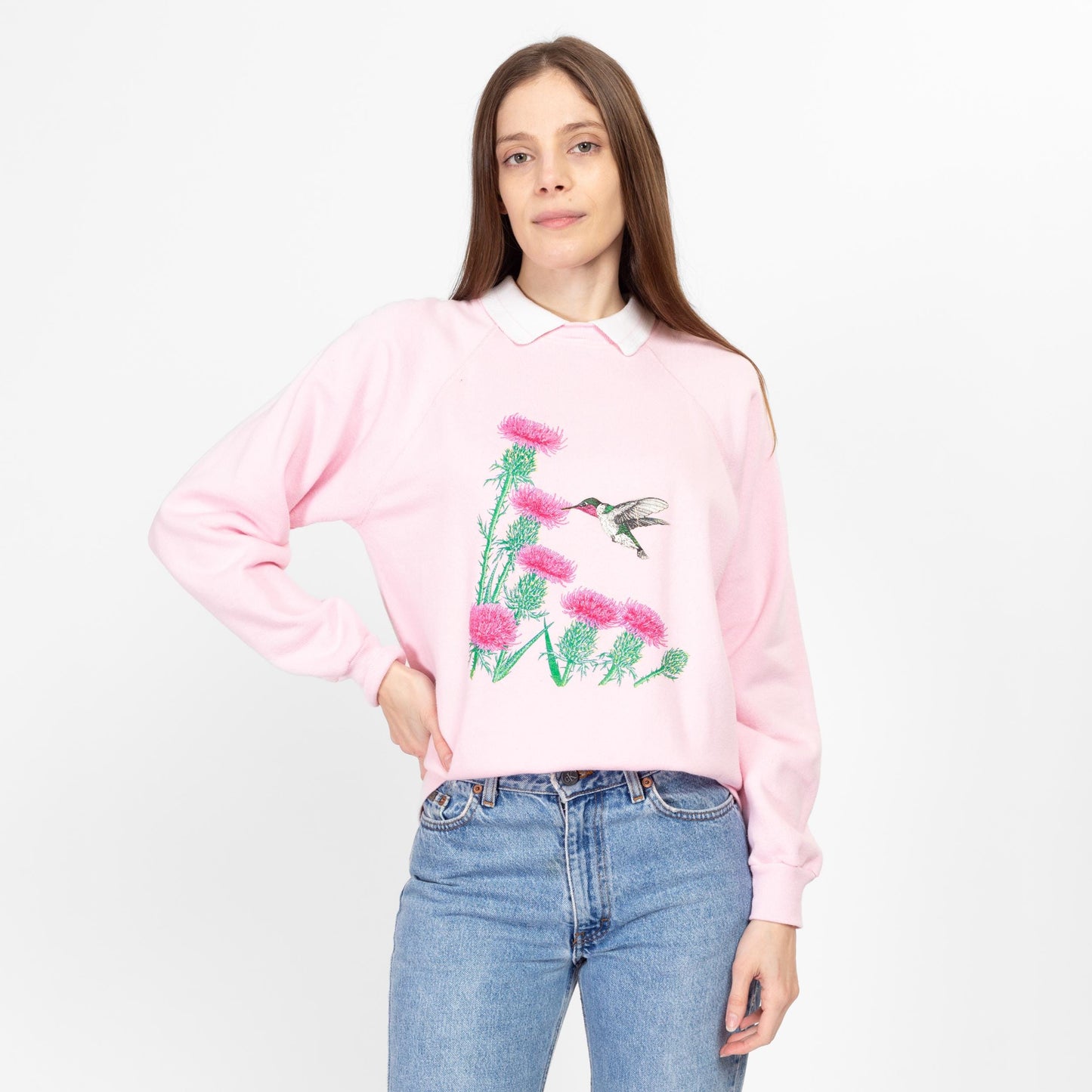 Large 90s Hummingbird & Thistle Flower Collared Sweatshirt | Vintage Cute Animal Graphic Pink Raglan Sleeve Grandma Pullover