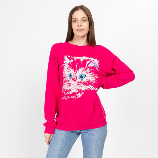 Large 90s Hot Pink Cat Graphic Sweatshirt | Vintage Raglan Sleeve Carson City Souvenir Crewneck