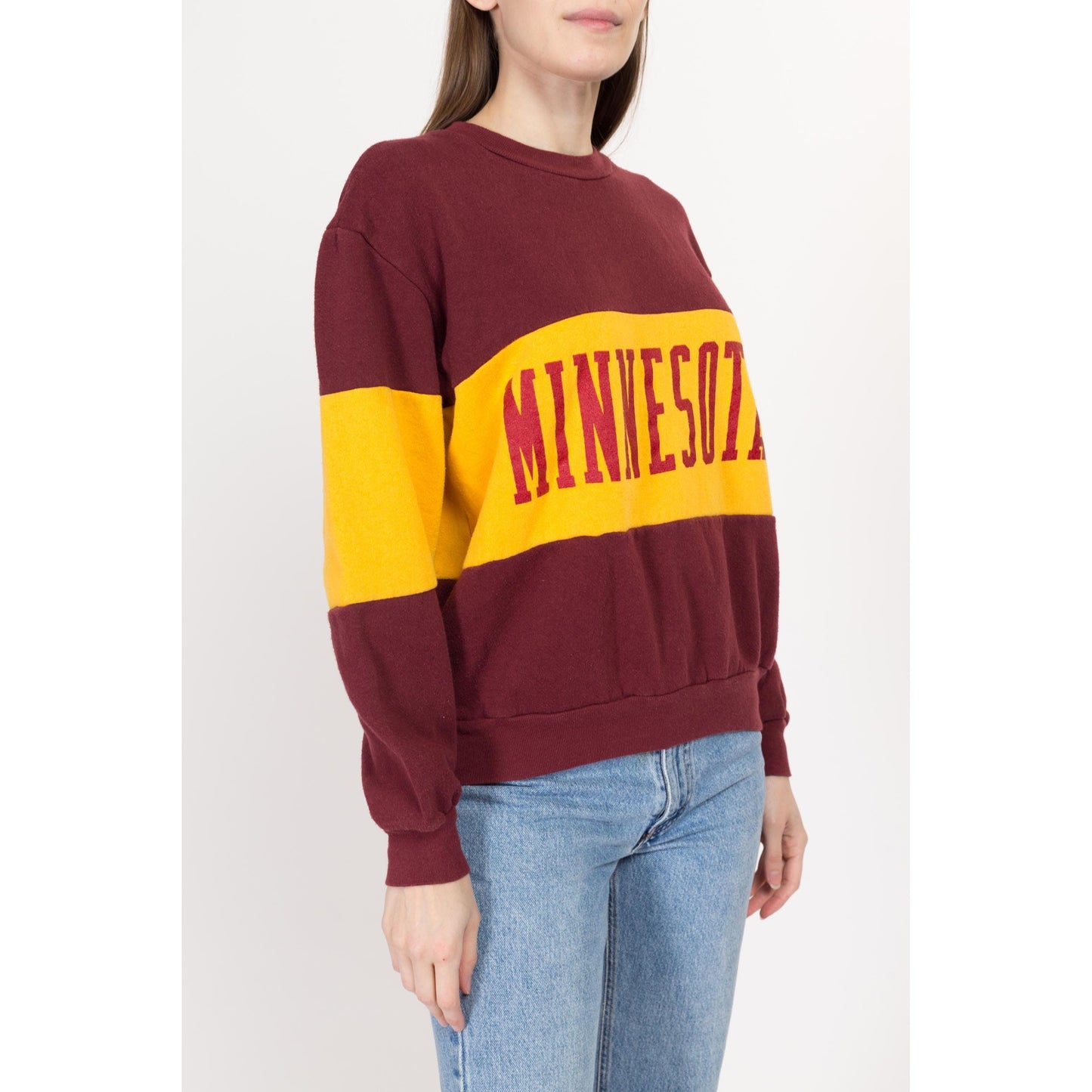 Med-Lrg 90s University Of Minnesota Striped Sweatshirt | Vintage Red & Yellow Color Block Nutmeg Mills Collegiate Pullover