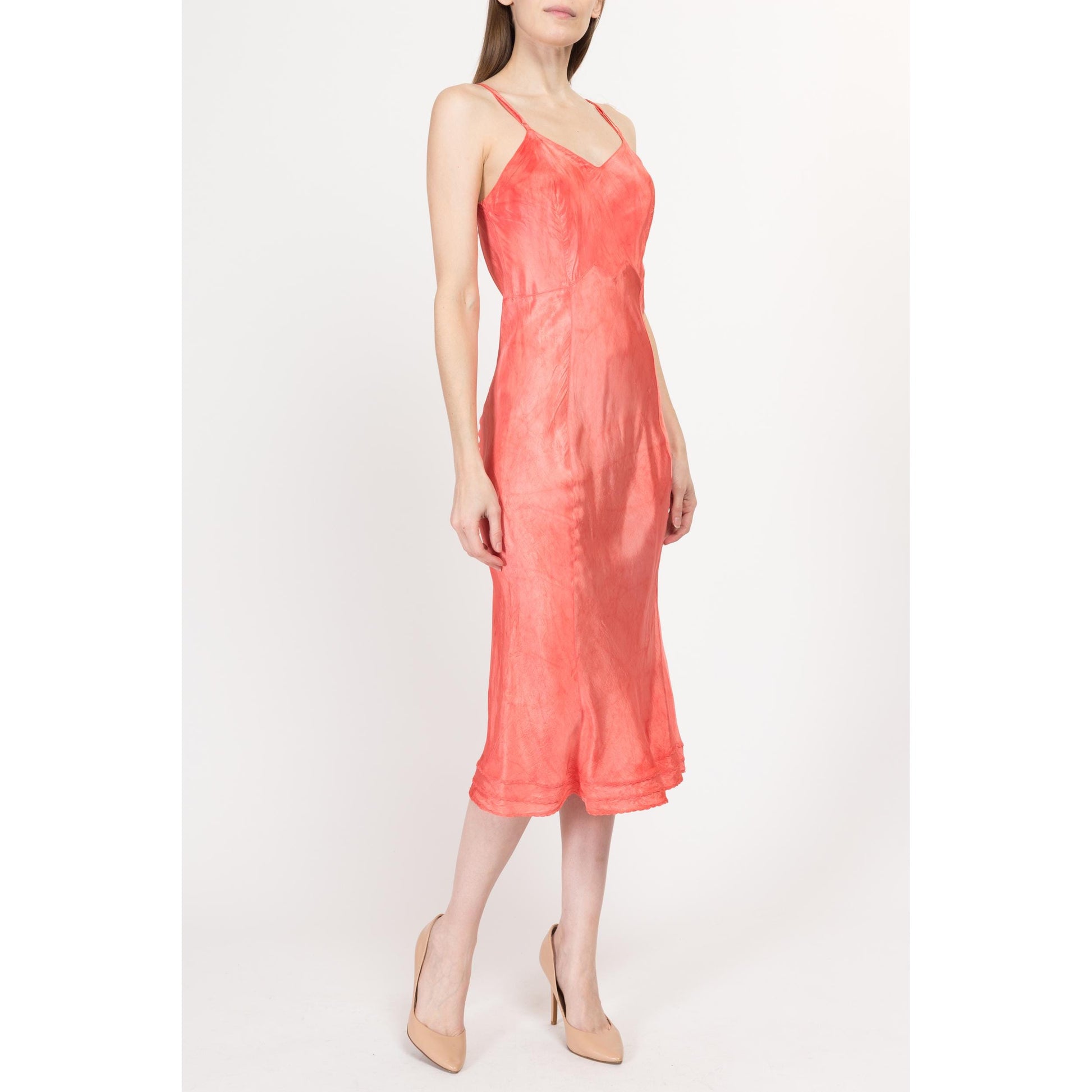 Small 40s 50s Salmon Pink Bias Cut Slip Dress, As Is | Vintage Trumpet Skirt Lingerie Midi Dress