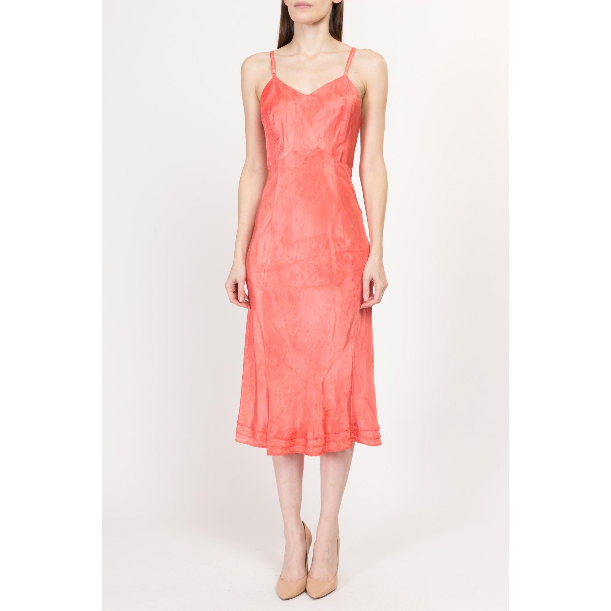 Small 40s 50s Salmon Pink Bias Cut Slip Dress, As Is | Vintage Trumpet Skirt Lingerie Midi Dress