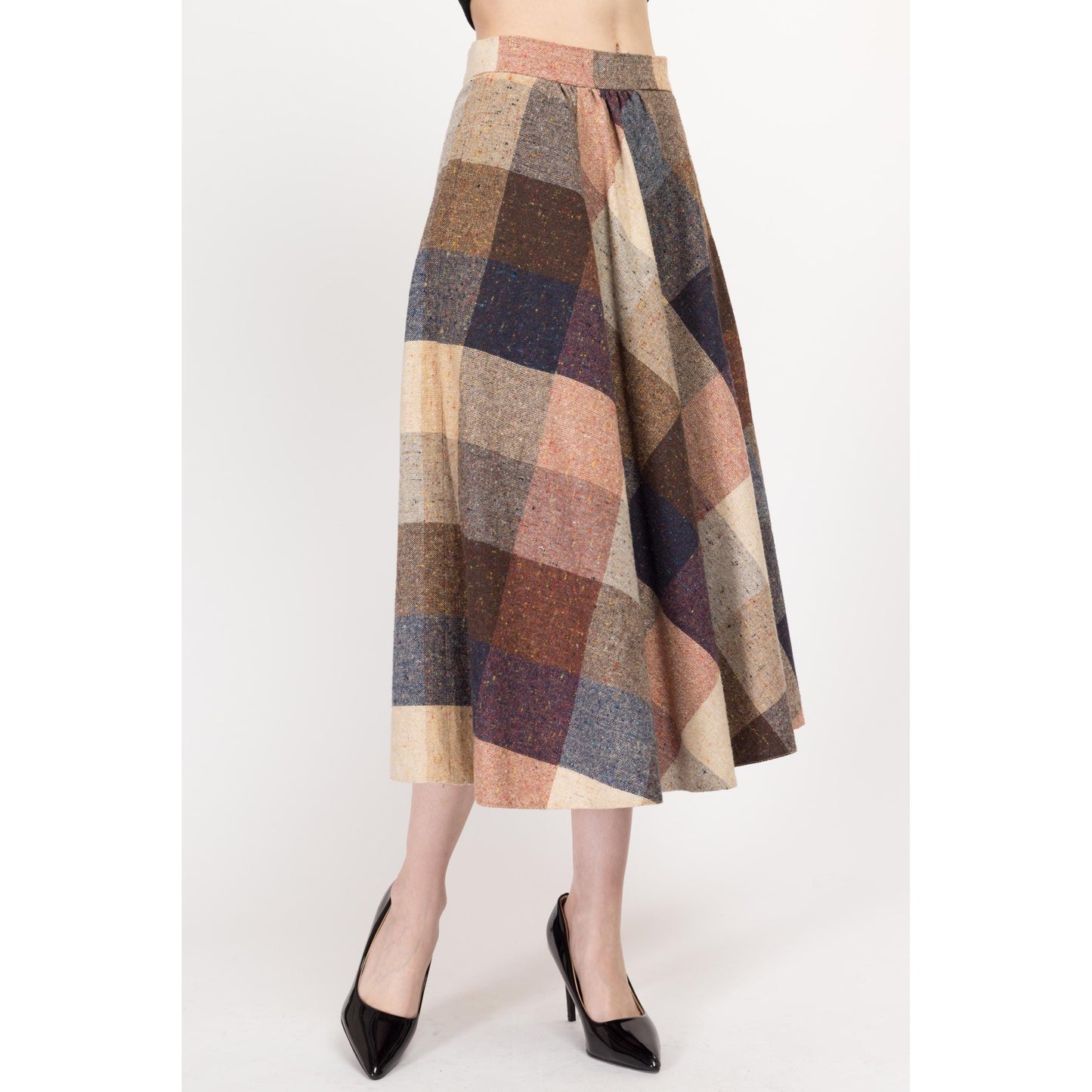 Medium 70s Earth Tone Flecked Plaid Schoolgirl Midi Skirt 27.5"" | Vintage A Line Boho High Waisted Light Academia Wool Skirt