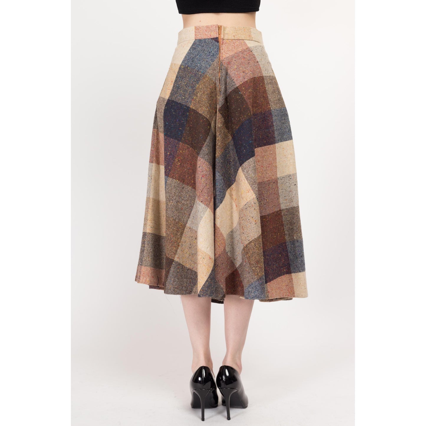 Medium 70s Earth Tone Flecked Plaid Schoolgirl Midi Skirt 27.5"" | Vintage A Line Boho High Waisted Light Academia Wool Skirt