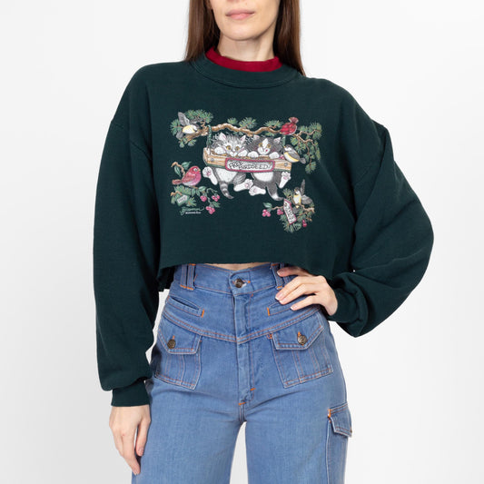 Large 80s Kittens "Free Birdseed" Cropped Sweatshirt | Vintage Green Cute Animal Pullover Crop Top