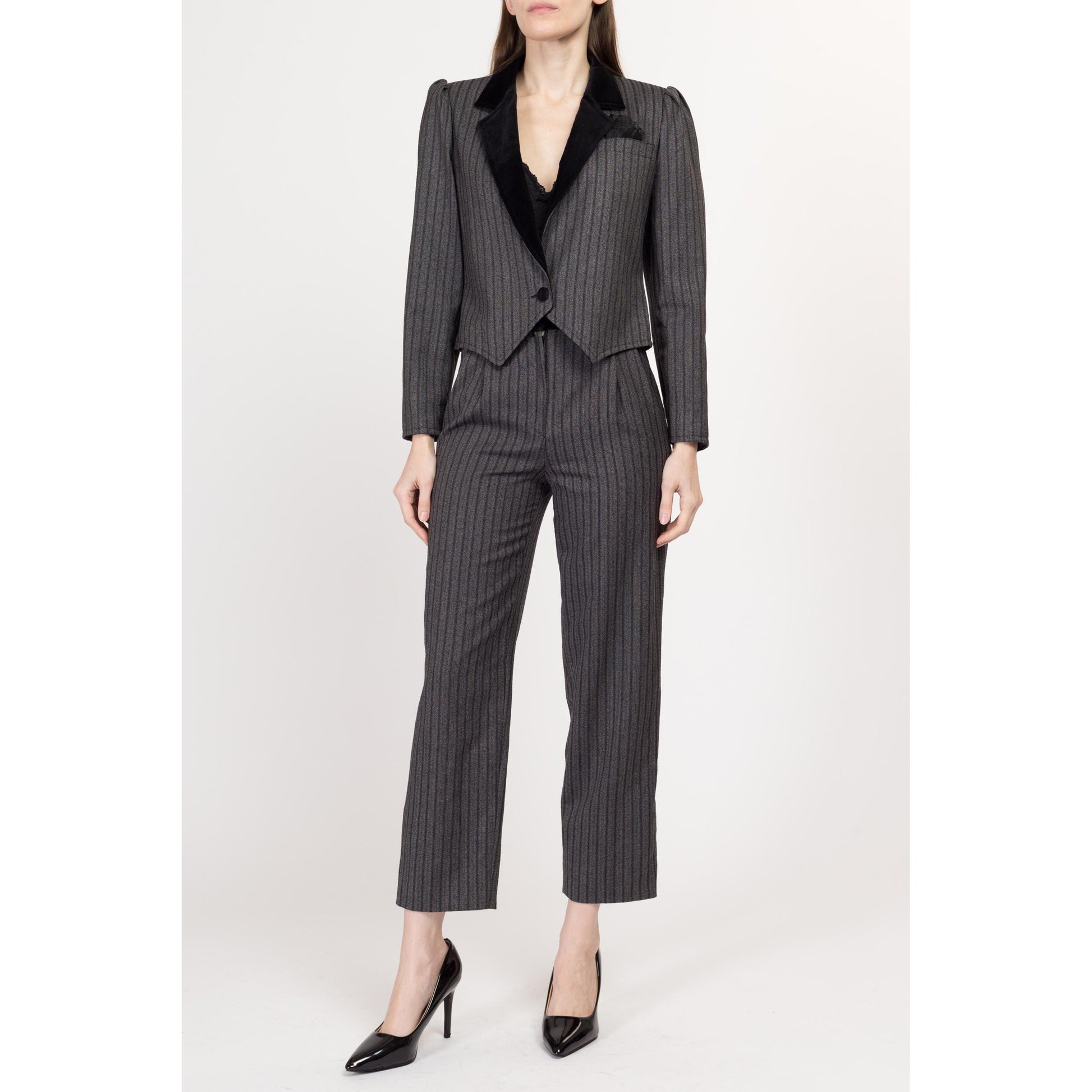 XS 80s Grey Pinstriped Cropped Jacket & Pants Suit Set | Vintage Velvet Trim Matching Two Piece Blazer Outfit