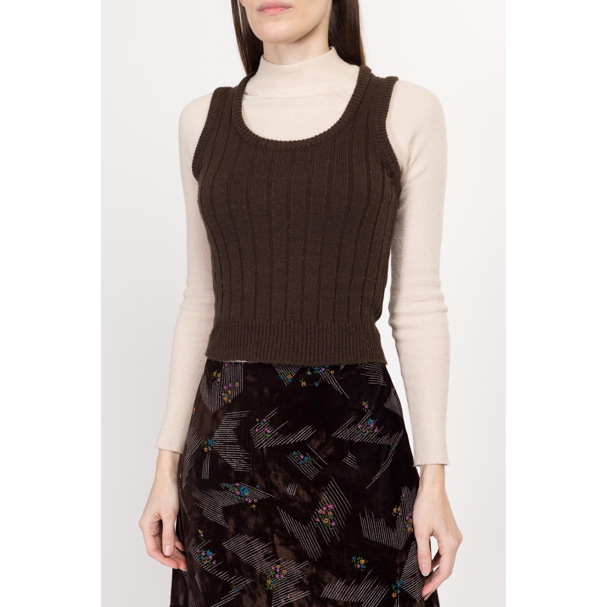 XS 70s Chocolate Brown Soft Knit Sweater Vest | Retro Vintage Scoop Neck Crop Top