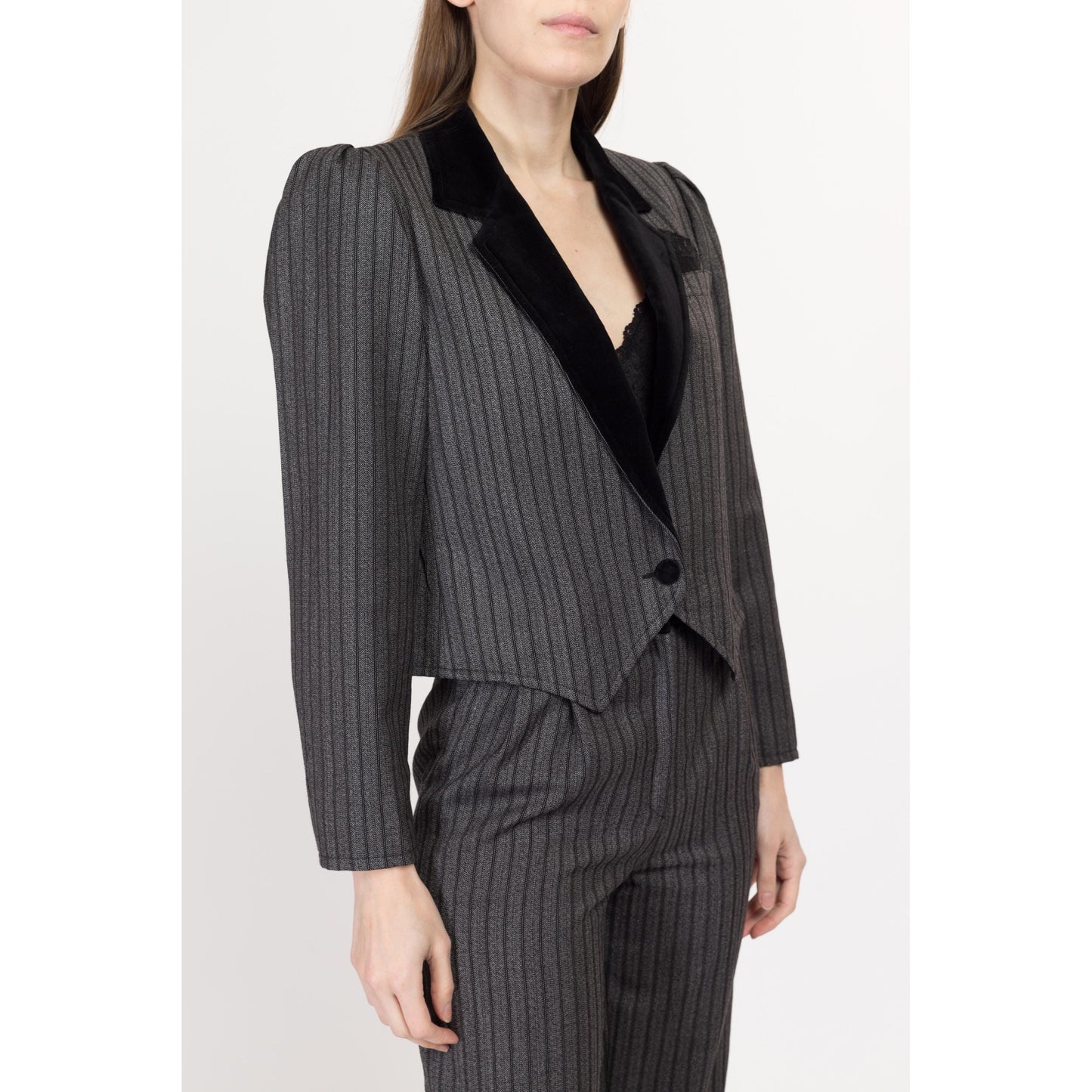 XS 80s Grey Pinstriped Cropped Jacket & Pants Suit Set | Vintage Velvet Trim Matching Two Piece Blazer Outfit