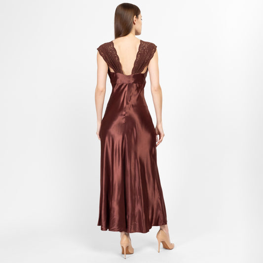 XS-Sm 90s Hugo Buscati Chocolate Brown Satin Bias Cut Slip Dress | Retro Vintage Slinky Lace Trim Low Back Maxi Gown