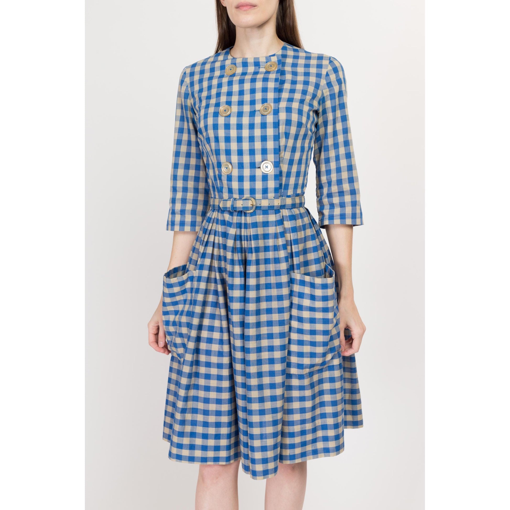 XS 1950s Blue Gingham Belted Fit & Flare Day Dress | Vintage 50s Haymaker Checkered Chore Pocket Retro Midi Shirtdress