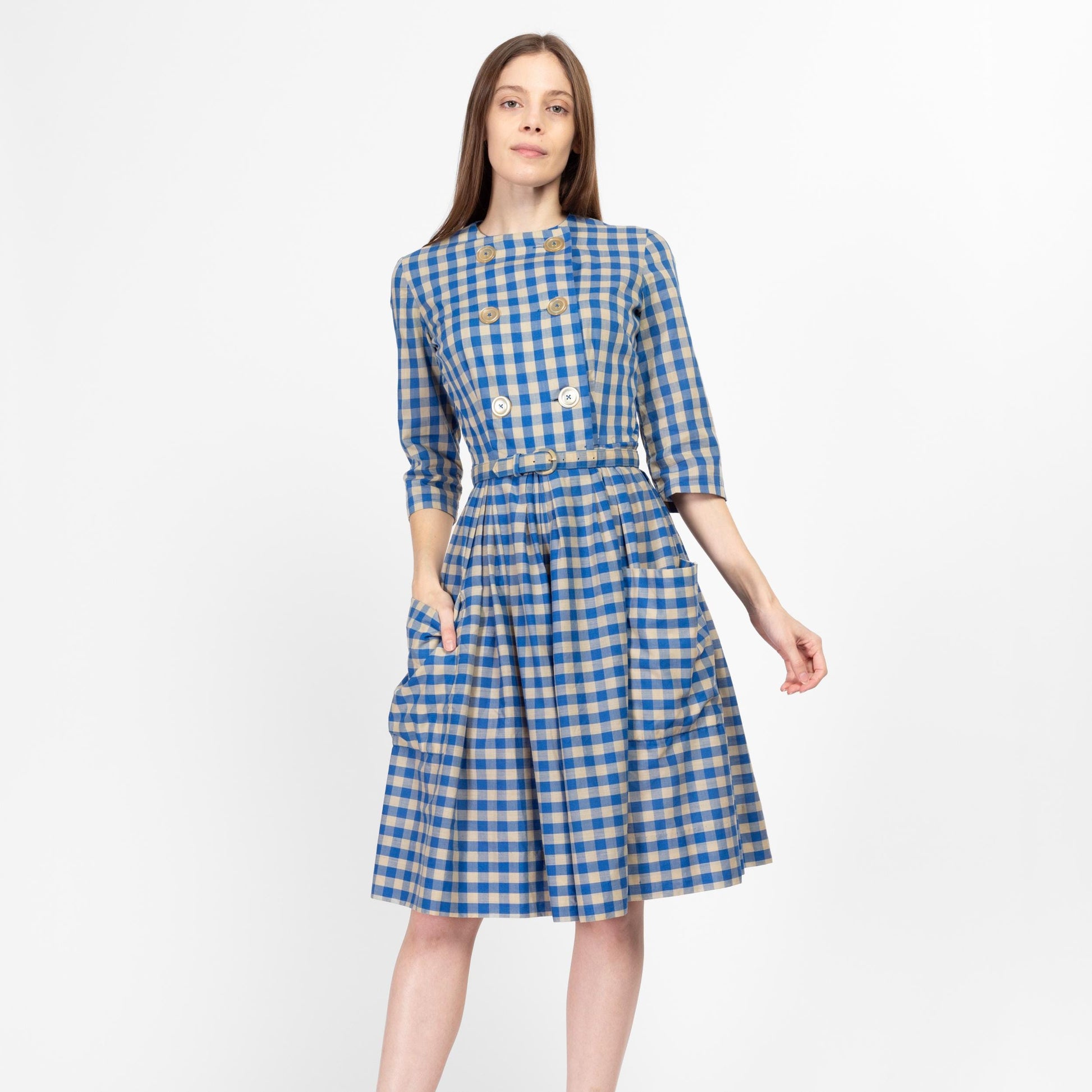 XS 1950s Blue Gingham Belted Fit & Flare Day Dress | Vintage 50s Haymaker Checkered Chore Pocket Retro Midi Shirtdress