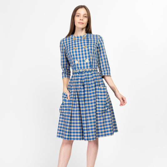 XS 1950s Blue Gingham Belted Fit & Flare Day Dress | Vintage 50s Haymaker Checkered Chore Pocket Retro Midi Shirtdress