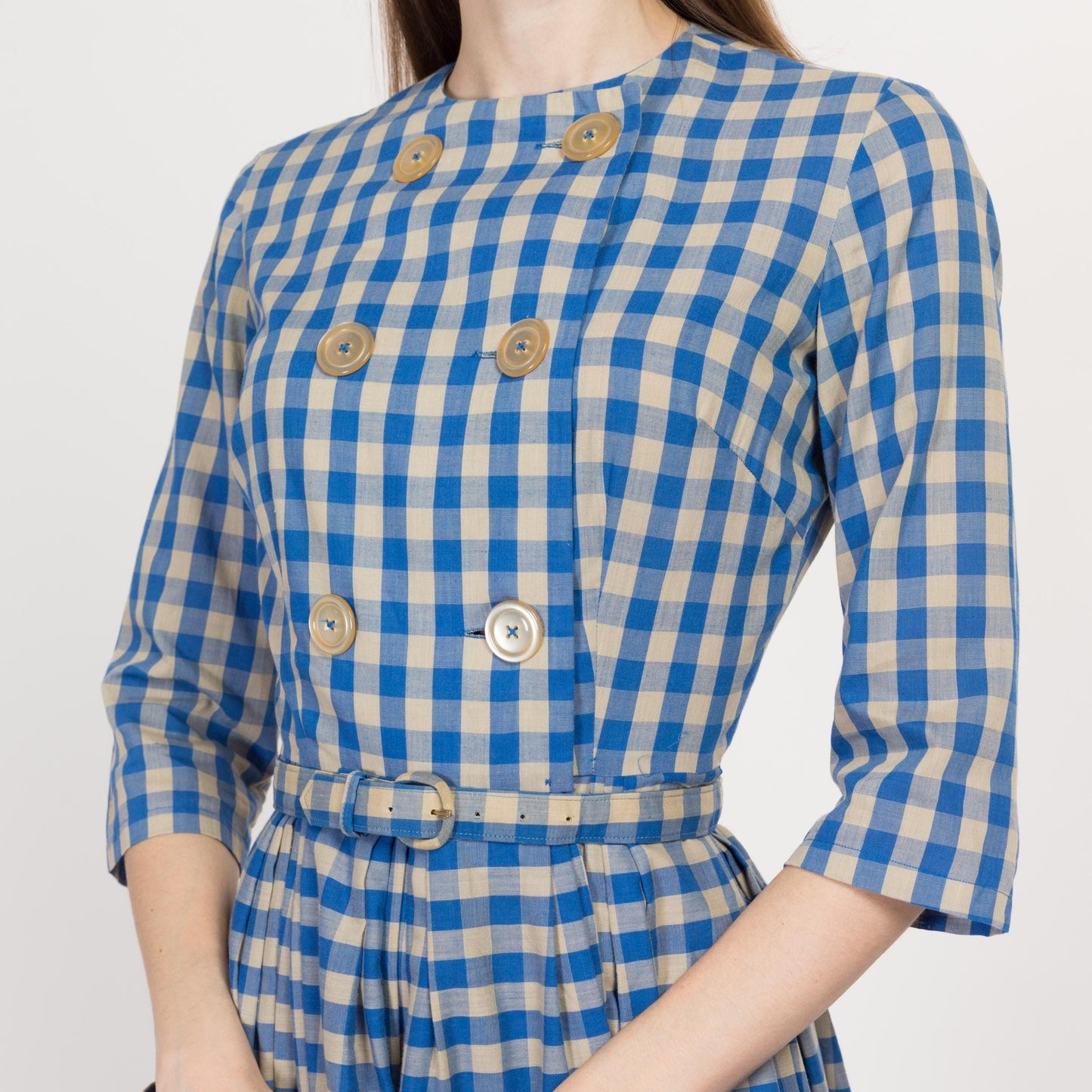 XS 1950s Blue Gingham Belted Fit & Flare Day Dress | Vintage 50s Haymaker Checkered Chore Pocket Retro Midi Shirtdress