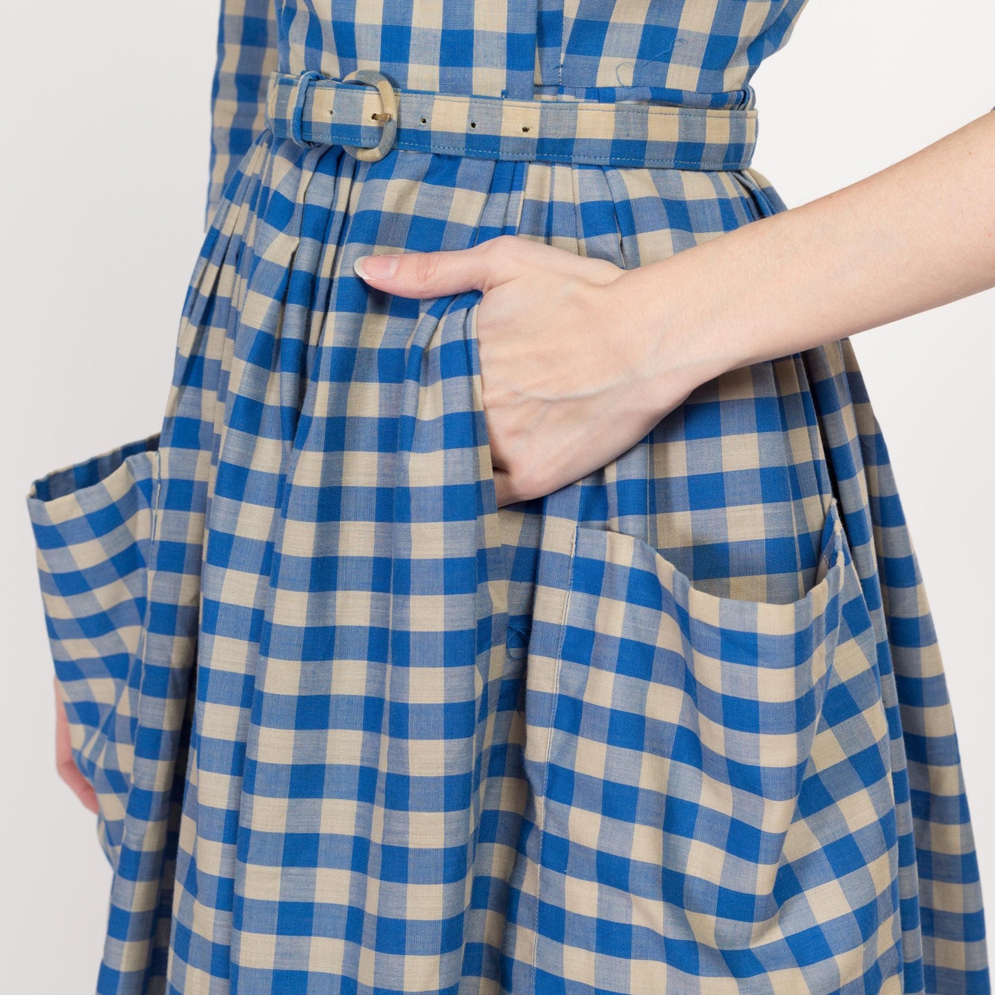 XS 1950s Blue Gingham Belted Fit & Flare Day Dress | Vintage 50s Haymaker Checkered Chore Pocket Retro Midi Shirtdress