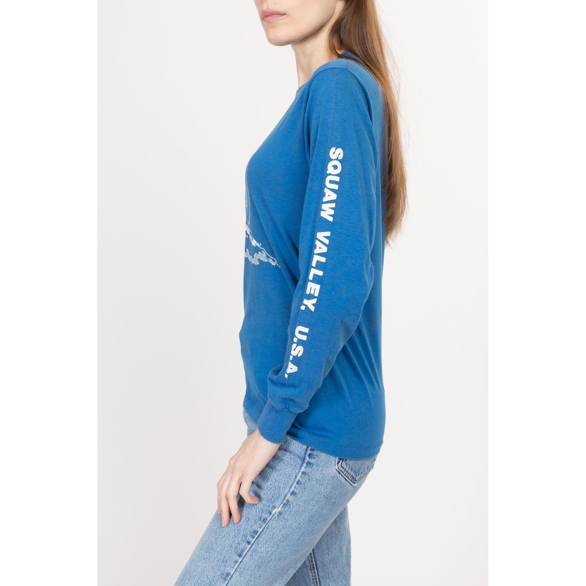 Small 80s Ski Resort Long Sleeve T Shirt Unisex | Vintage Blue Squaw Valley Palisades Tahoe Striped Graphic Tourist Tee