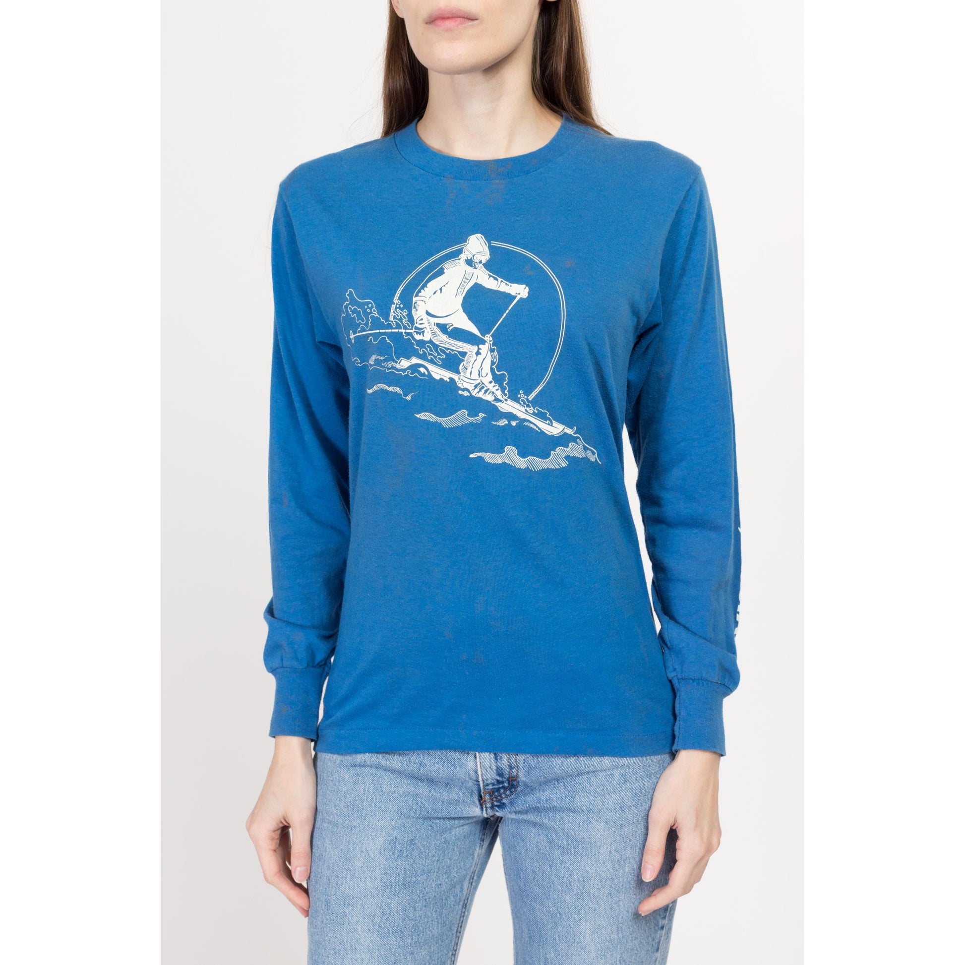 Small 80s Ski Resort Long Sleeve T Shirt Unisex | Vintage Blue Squaw Valley Palisades Tahoe Striped Graphic Tourist Tee