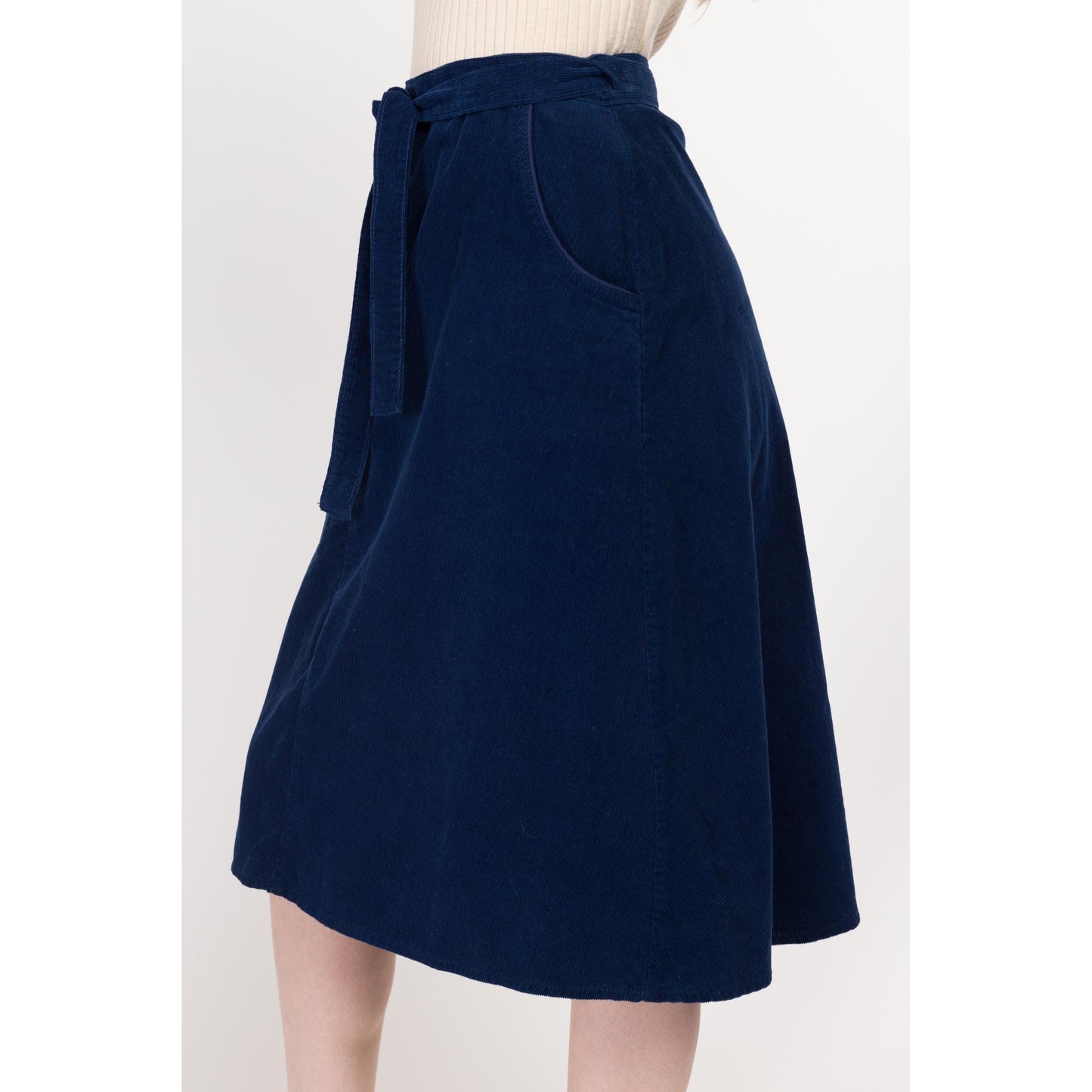 Small 70s Blue Corduroy Midi Wrap Skirt 25"-27" | Vintage A Line High Waist Retro Pocket Skirt