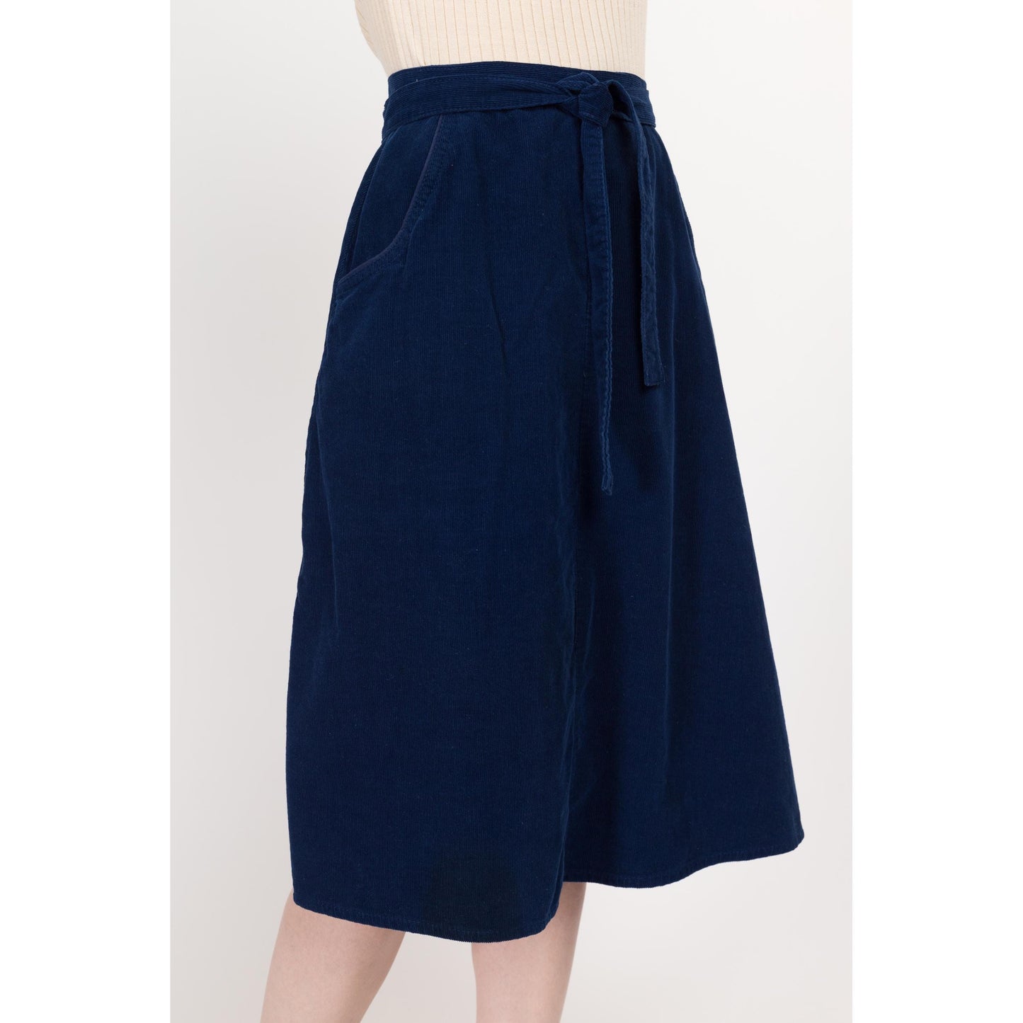 Small 70s Blue Corduroy Midi Wrap Skirt 25"-27" | Vintage A Line High Waist Retro Pocket Skirt