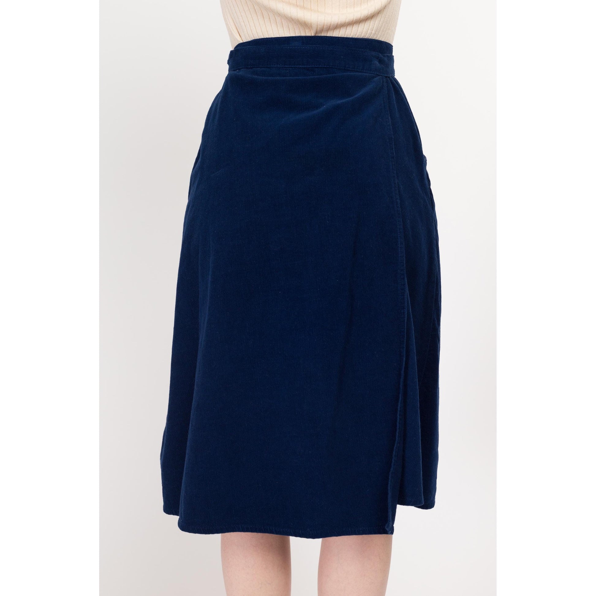 Small 70s Blue Corduroy Midi Wrap Skirt 25"-27" | Vintage A Line High Waist Retro Pocket Skirt