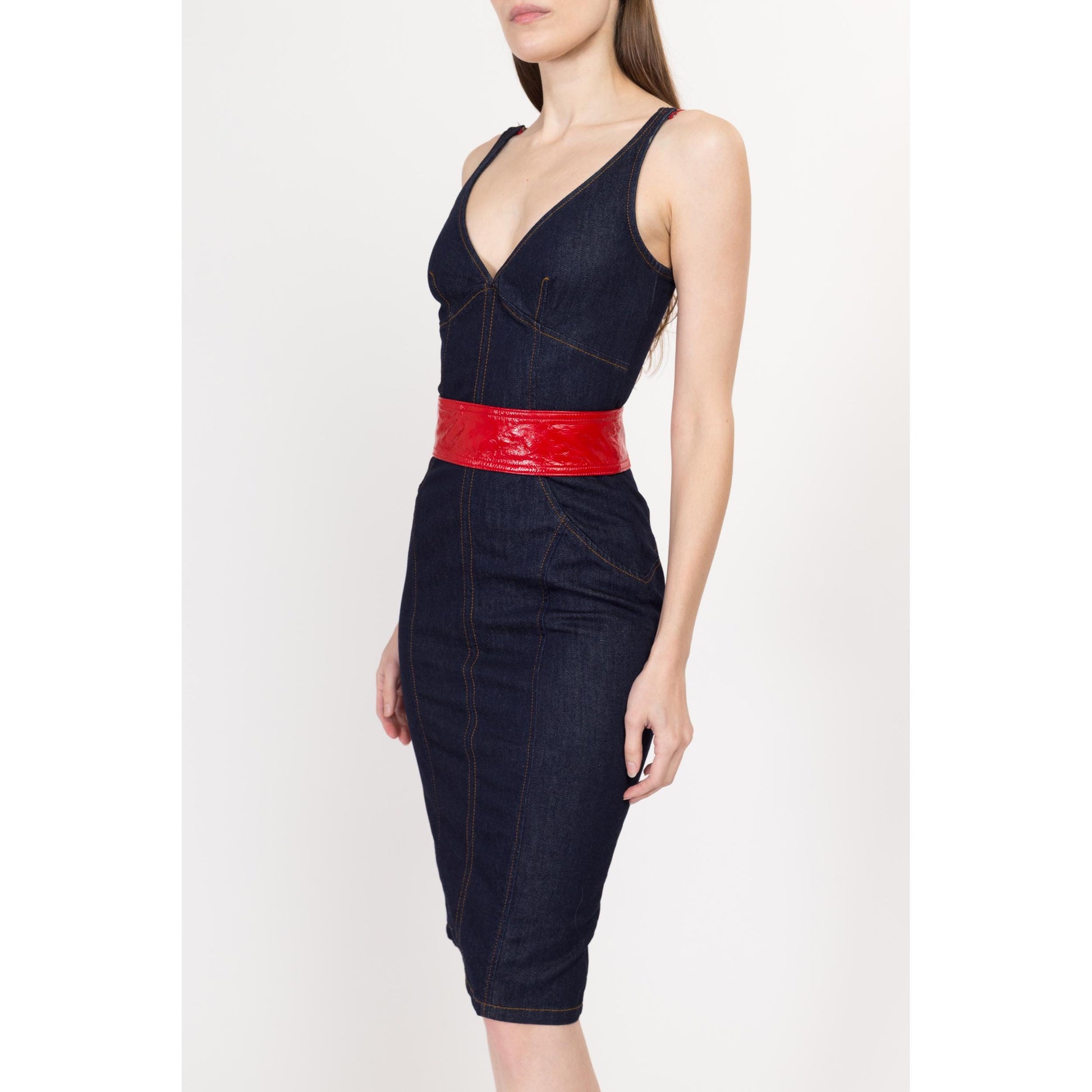 XS Y2K Dolce & Gabbana Denim Red Faux Leather Trim Bodycon Dress | Vintage Designer Fitted Dark Wash Midi Jean Dress