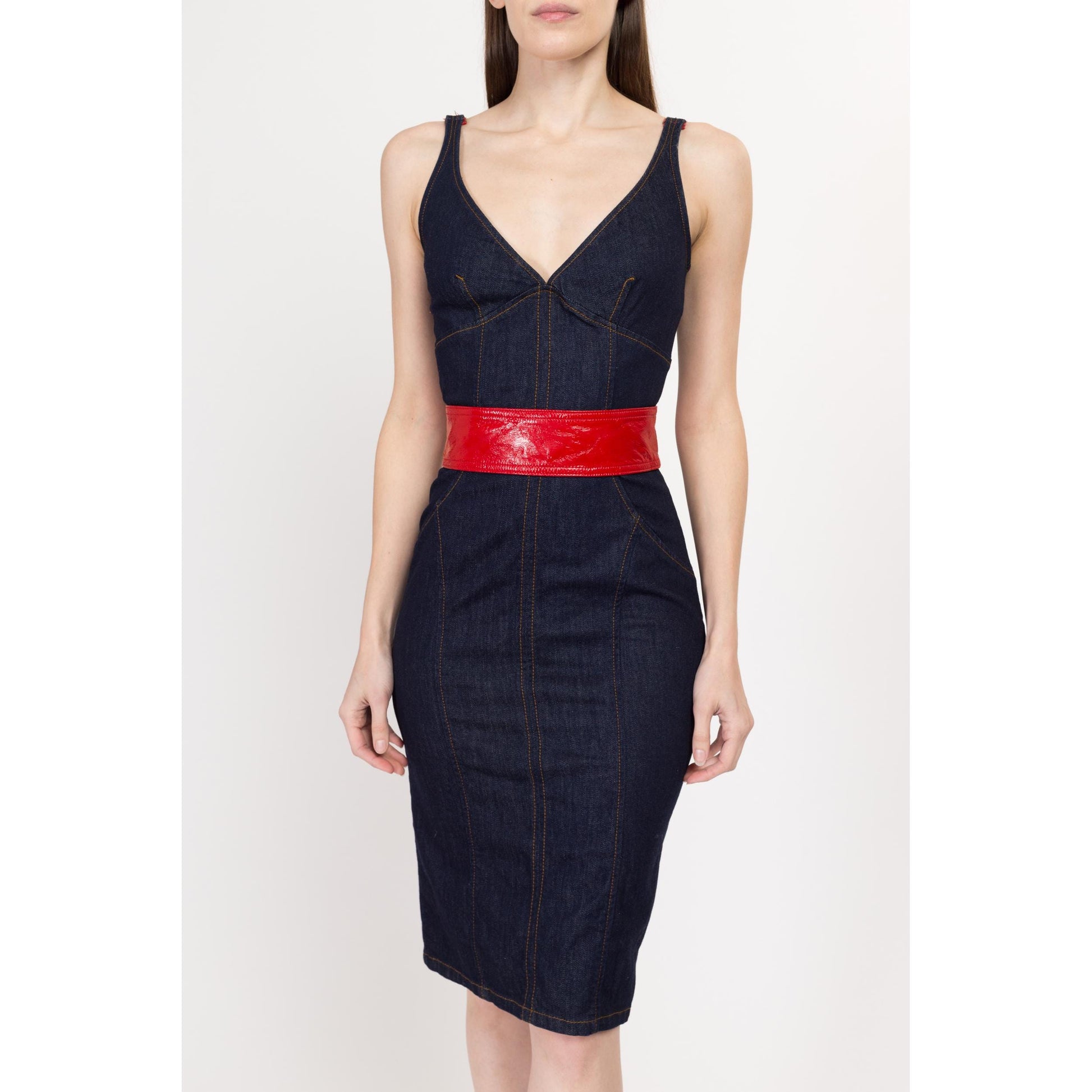 XS Y2K Dolce & Gabbana Denim Red Faux Leather Trim Bodycon Dress | Vintage Designer Fitted Dark Wash Midi Jean Dress