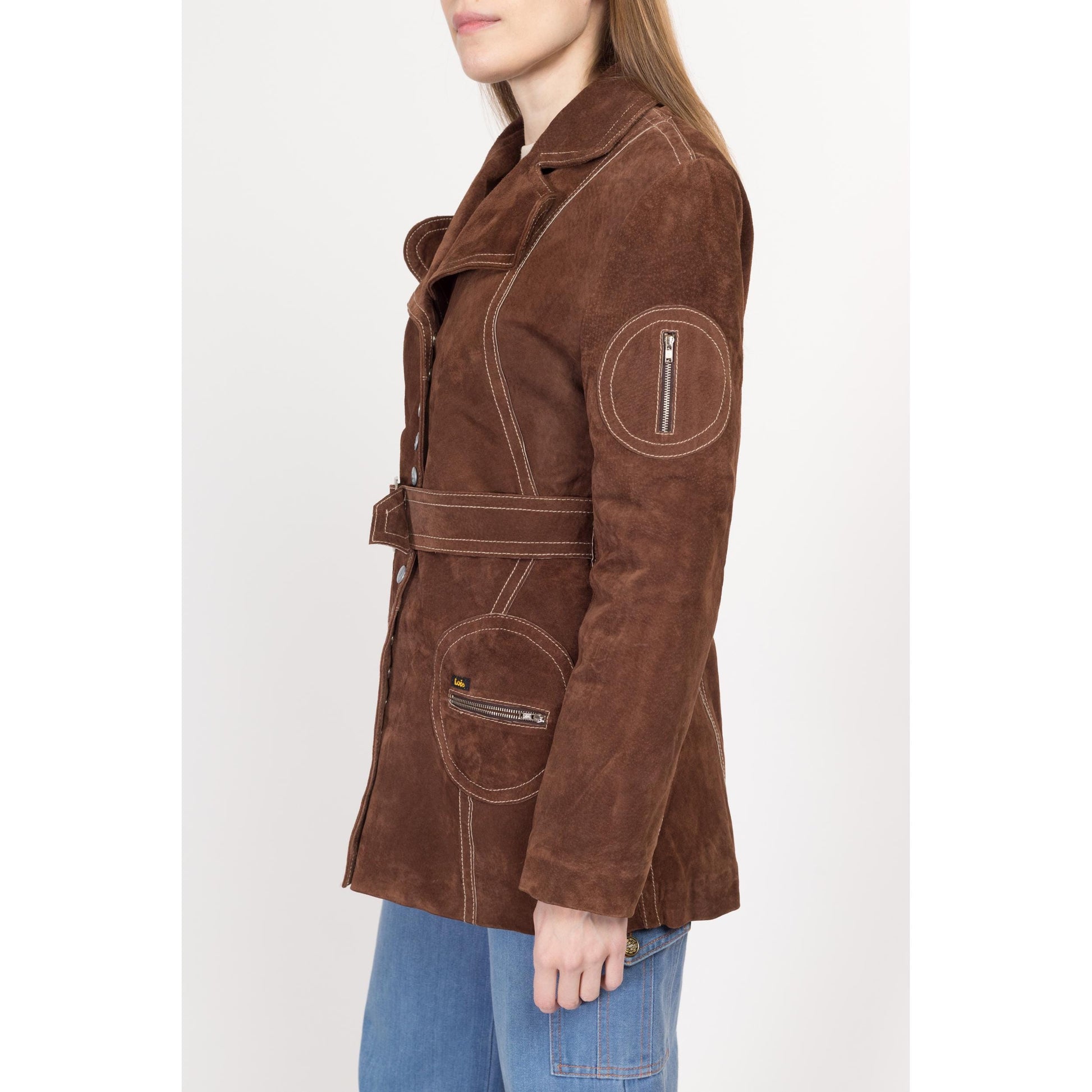 XS 70s Style Brown Suede Belted Jacket | Y2K Vintage Retro Snap Up Boho Mod Short Coat